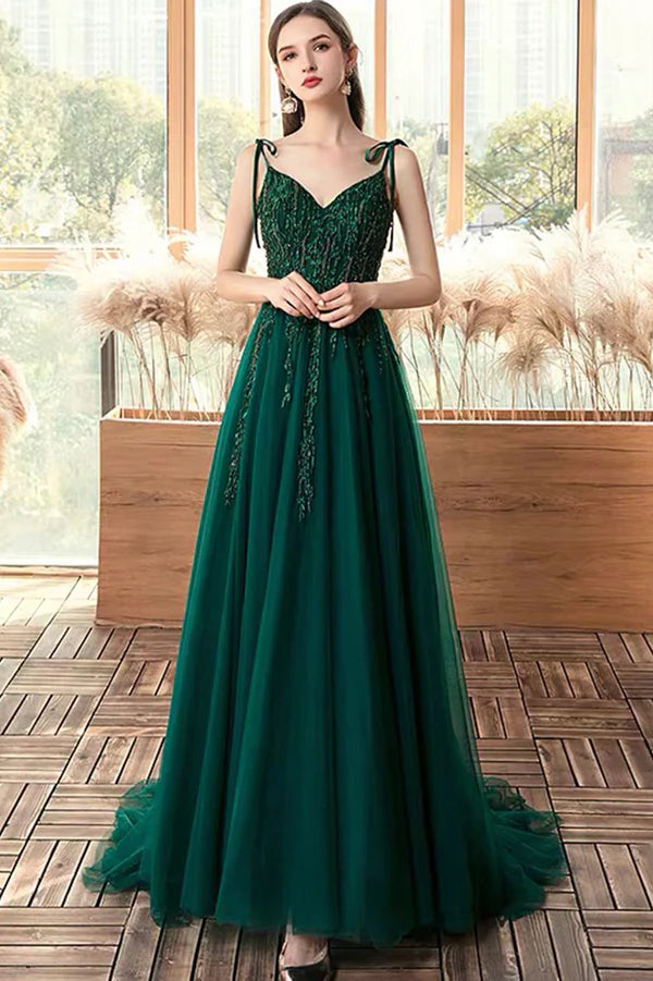 Green V-Neck Tulle Long A-Line Prom Dress Lace Evening Party Dress